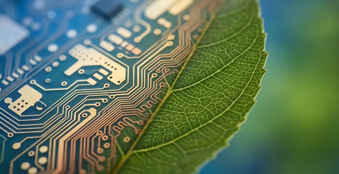 Vue macro de circuits imprimés entrelacés avec des éléments organiques naturels symbolisant la modération hybride IA et humaine