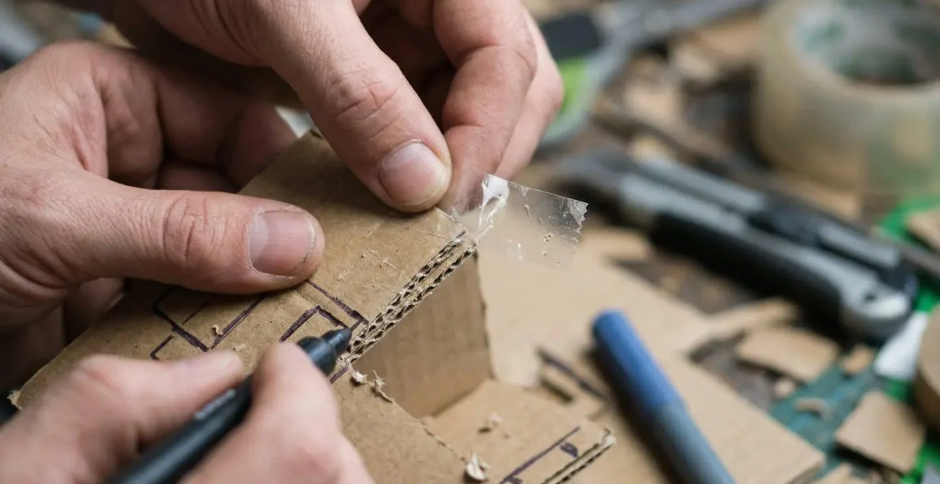 Gros plan sur des mains assemblant un prototype avec des matériaux simples sur un établi