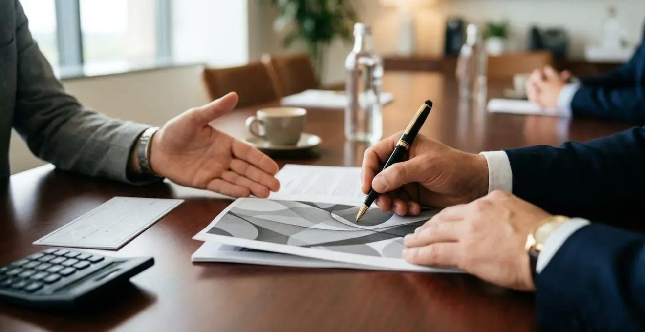 Mains signant un contrat commercial avec calculatrice et chèque sur bureau professionnel