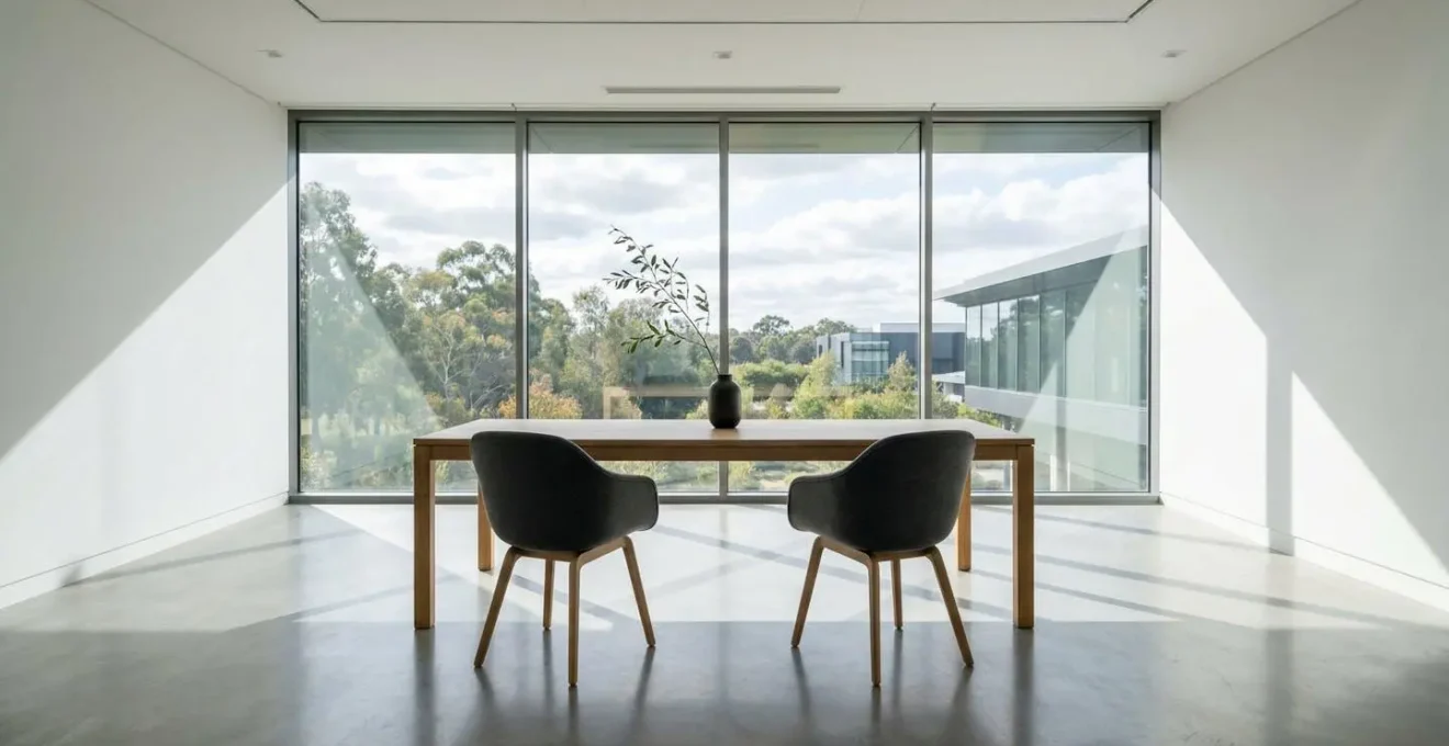 Plan large d'une salle de réunion moderne avec espace de négociation épuré