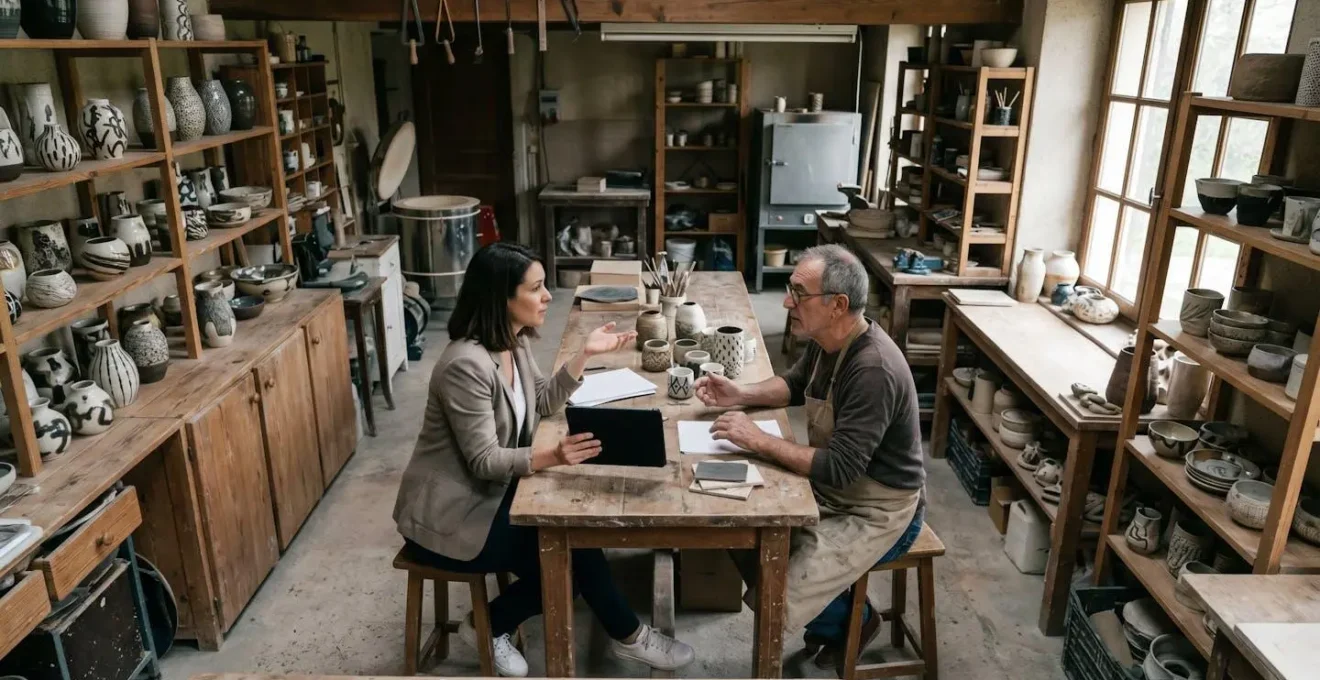 Négociation entre entrepreneur et artisan français dans un atelier traditionnel
