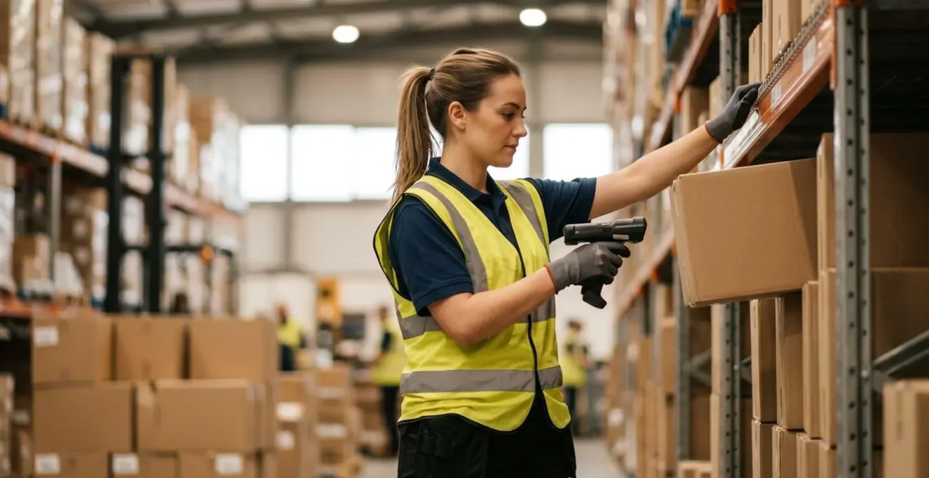 Employé logistique préparant une commande avec scanner dans un entrepôt organisé