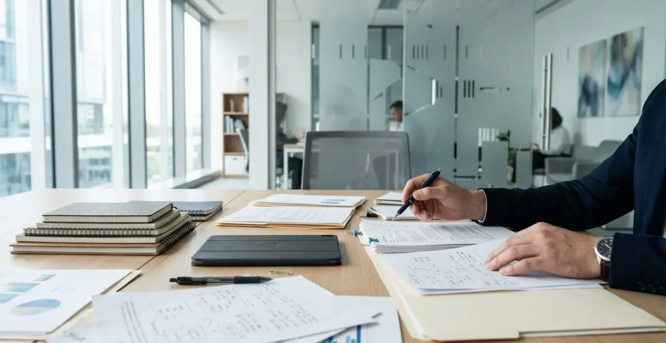 Entrepreneur effectuant des recherches de disponibilité de nom d'entreprise sur son bureau moderne.