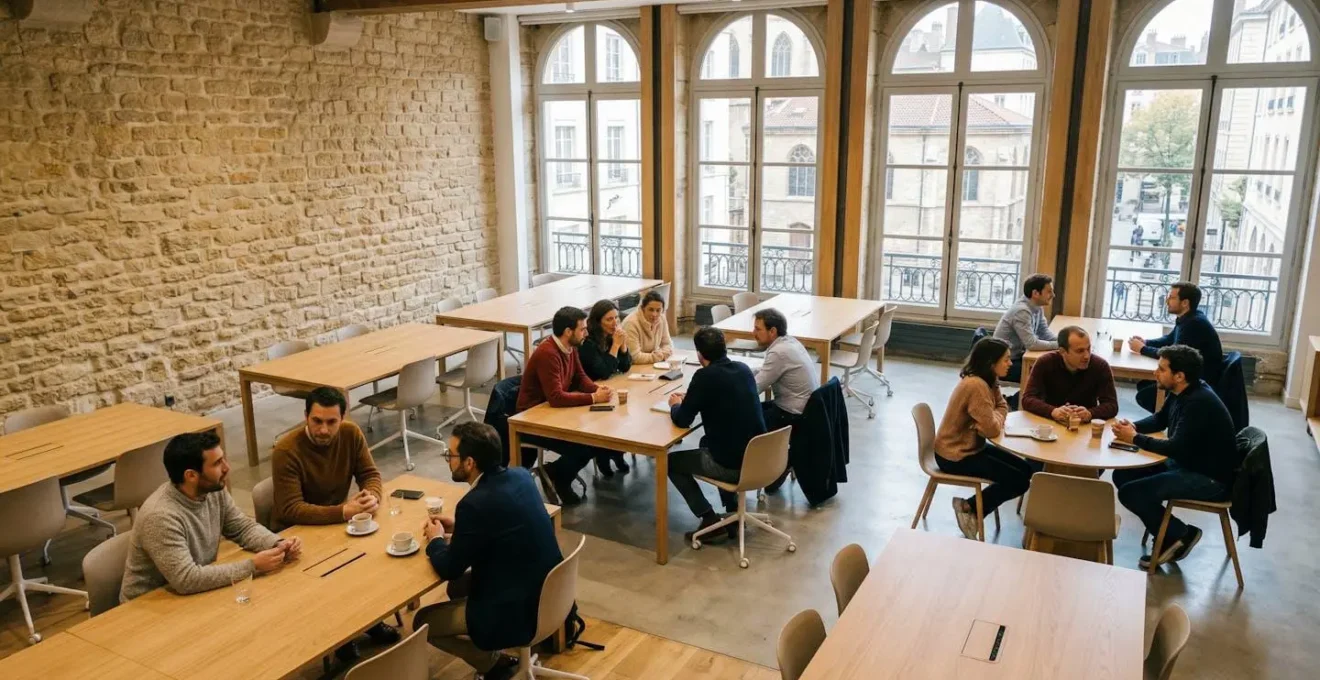 Espace de coworking français avec entrepreneurs en discussion
