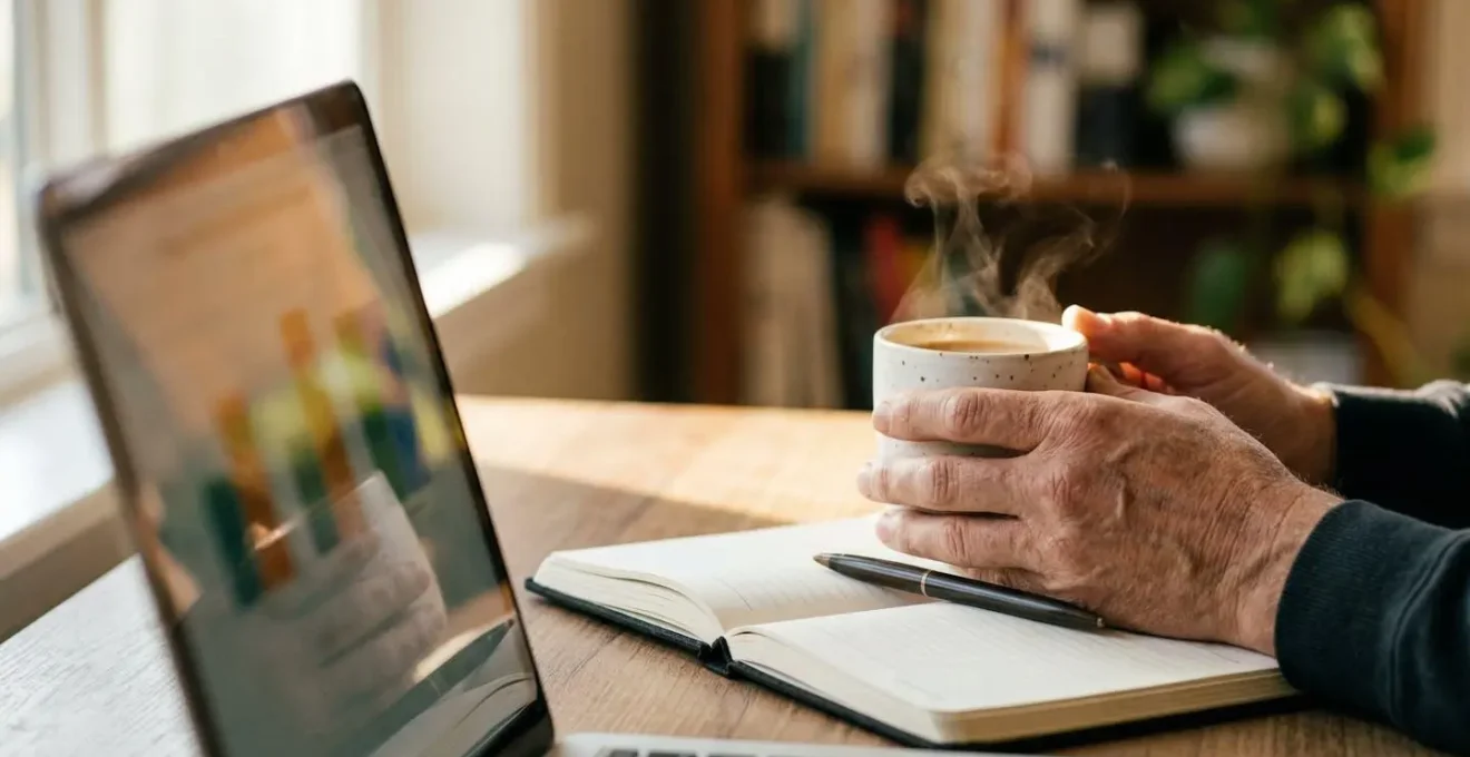 Bureau matinal avec café, ordinateur montrant tableau de bord et agenda ouvert au lundi