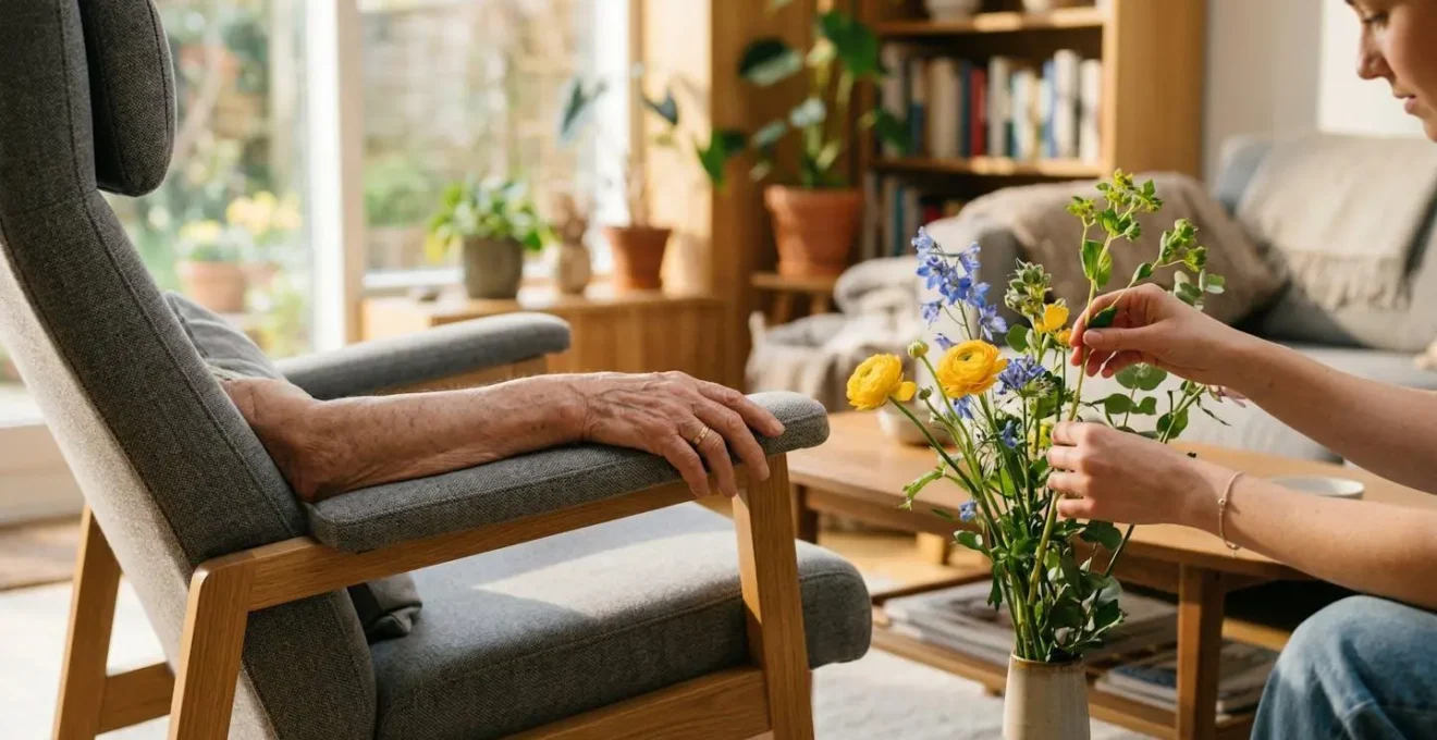 Espace de vie partagé moderne avec mobilier adapté montrant la cohabitation intergénérationnelle