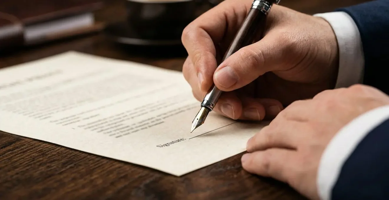 Gros plan sur des mains signant un document contractuel sur un bureau en bois avec stylo plume
