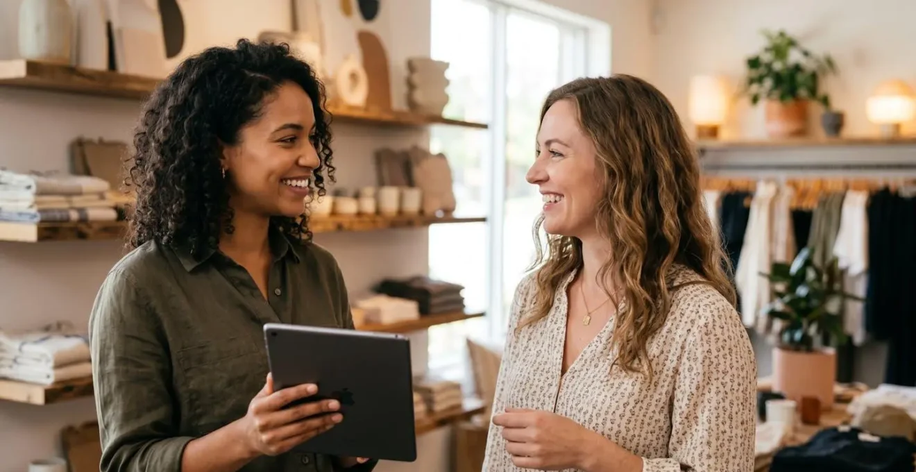 Un vendeur en boutique utilisant une tablette pour conseiller un client