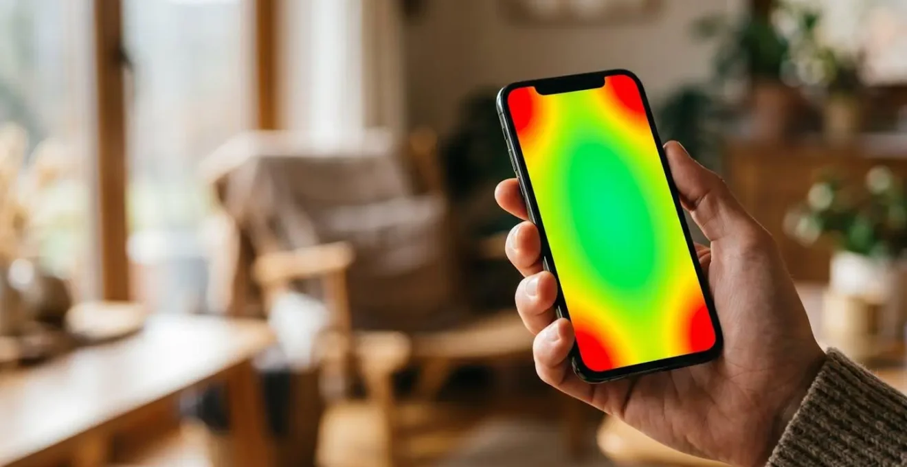 Main tenant un smartphone avec zones colorées montrant l'accessibilité du pouce