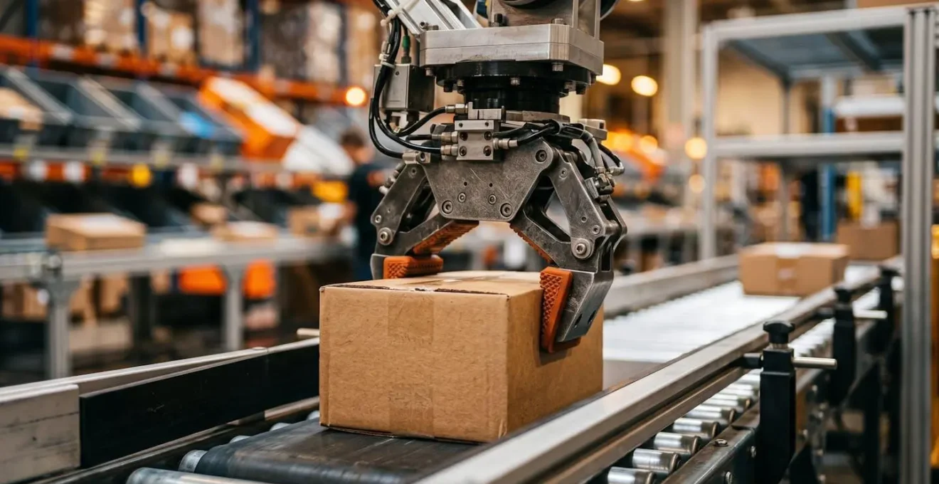 Vue macro détaillée d'un système automatisé de préparation de commandes dans un entrepôt e-commerce