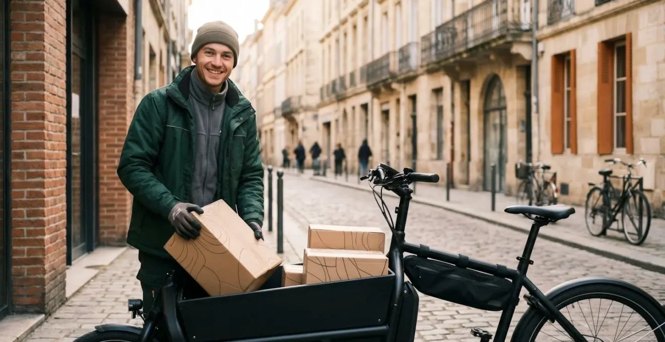 Micro-hub logistique urbain avec vélos cargo électriques et système de distribution dernier kilomètre